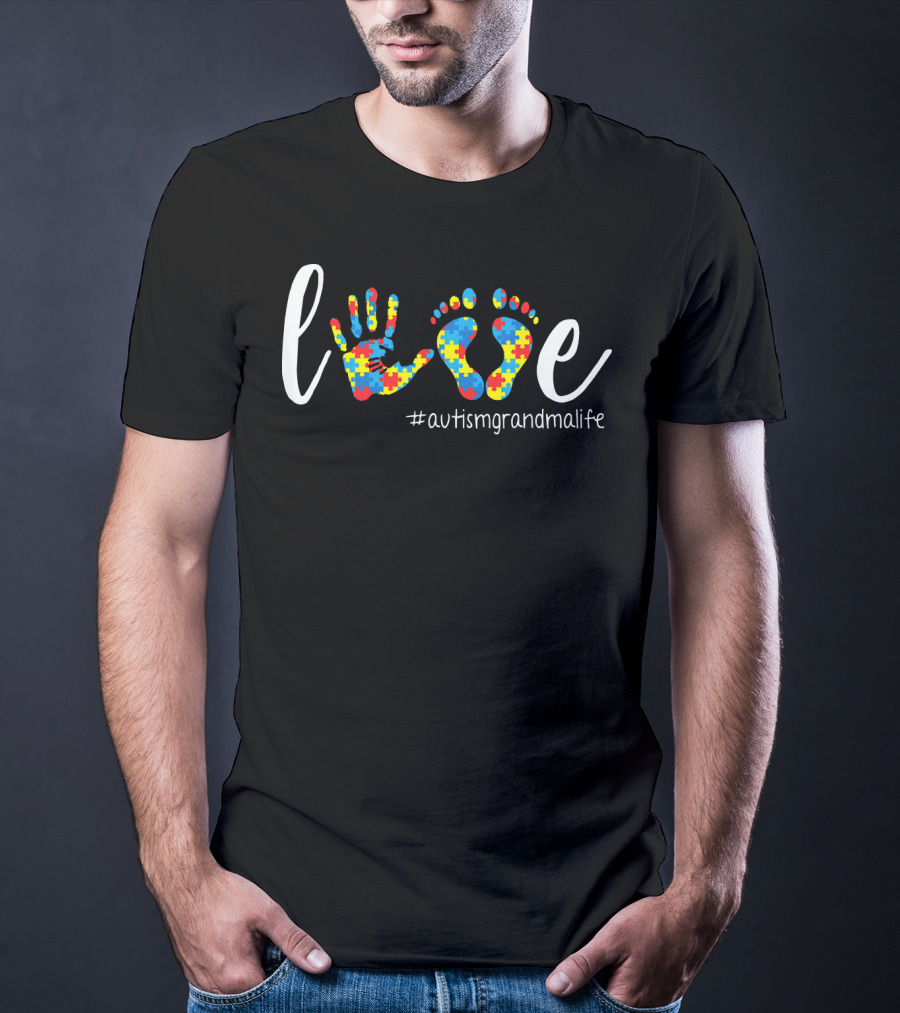 Love Autism Grandma Life Handprint Footprint Puzzle T-Shirt