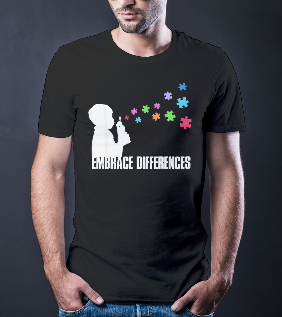 Embrace Differences Support Auti Autism Puzzle Pieces Bubbles T-Shirt