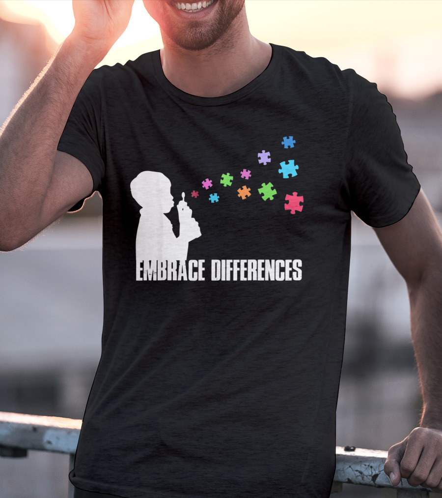 Embrace Differences Support Auti Autism Puzzle Pieces Bubbles T-Shirt