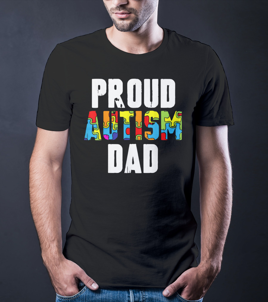 Proud Autism Dad Colorful Puzzle Piece Autism Awareness T-Shirt