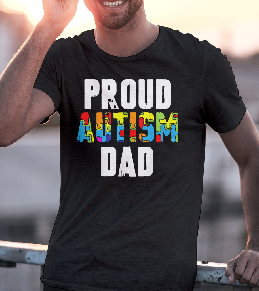 Proud Autism Dad Colorful Puzzle Piece Autism Awareness T-Shirt