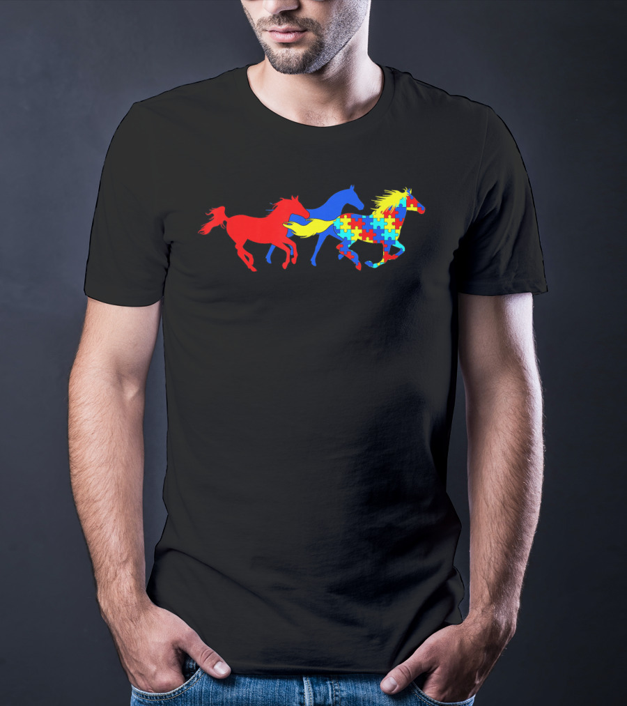 Autism Awareness Colorful Puzzle Horses Running T-Shirt