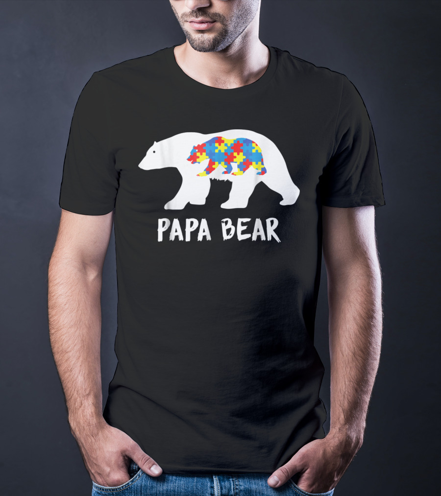 Papa Bear White Bear With Puzzle Bear Autism T-Shirt