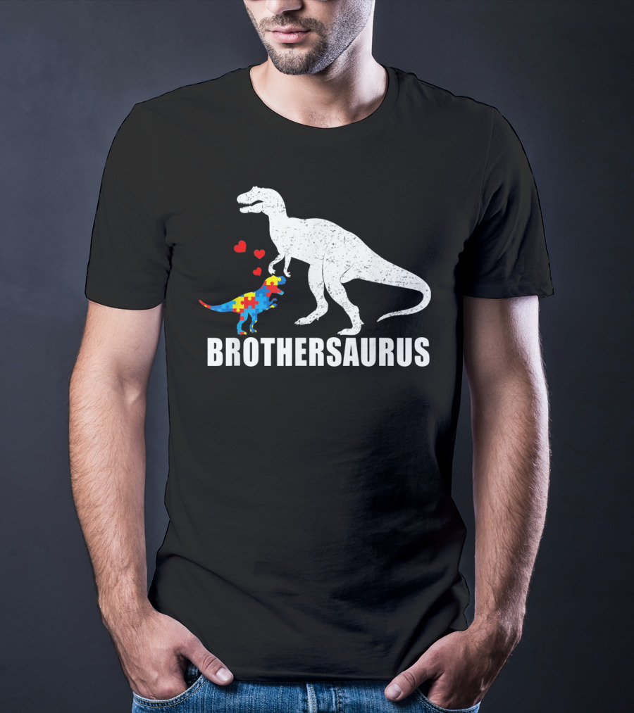 Brothersaurus Dinosaur With Puzzle Pattern For Autism Awareness T-Shirt
