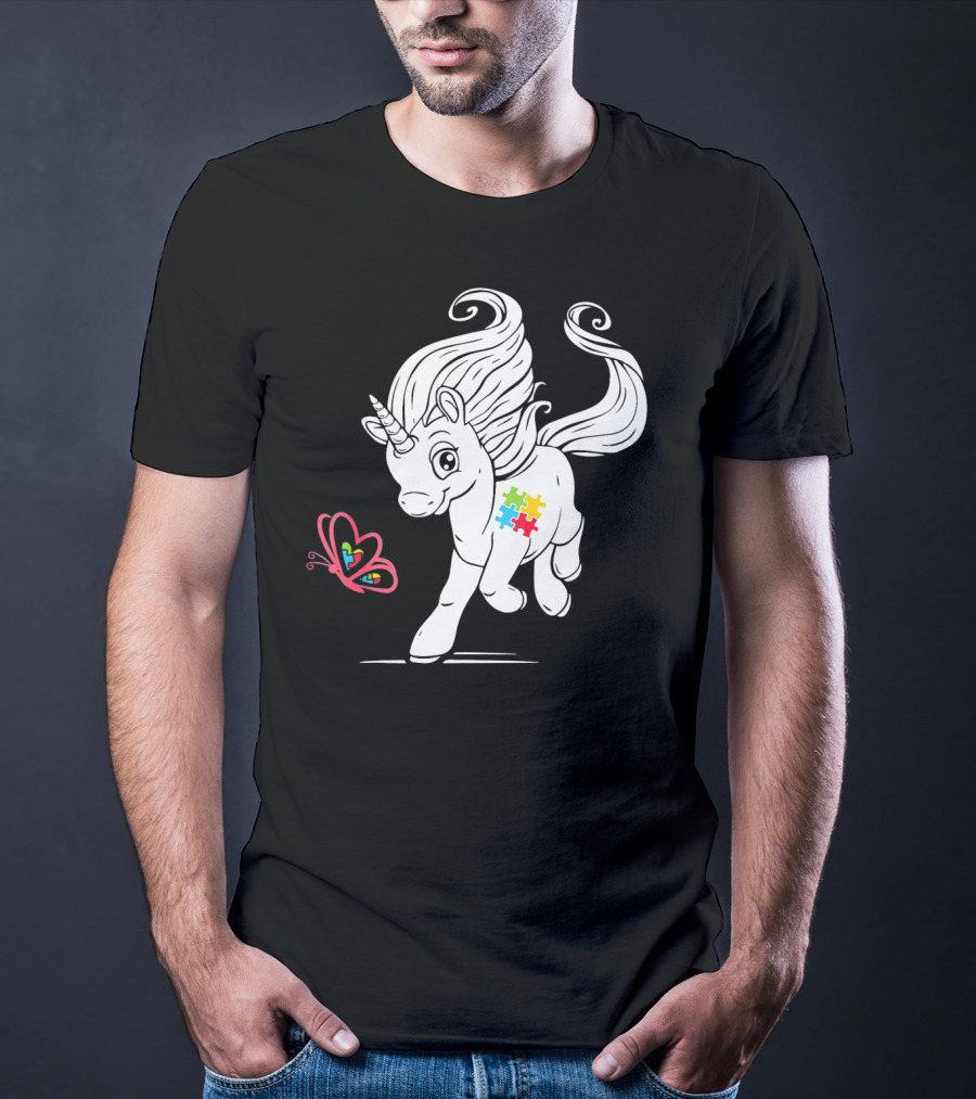 Unicorn Butterfly Autism Puzzle Awareness T-Shirt