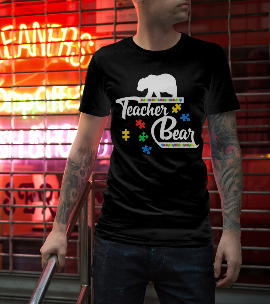 Teacher Bear Autism Awareness Puzzle Pieces T-Shirt