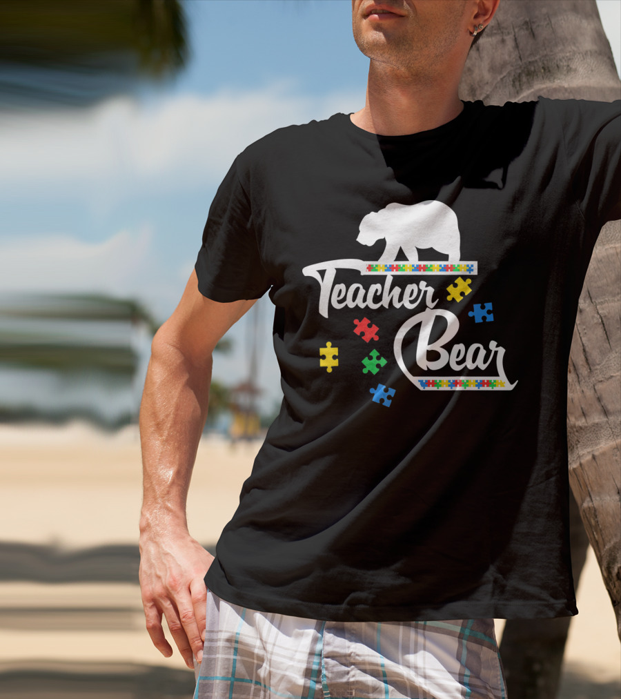 Teacher Bear Autism Awareness Puzzle Pieces T-Shirt