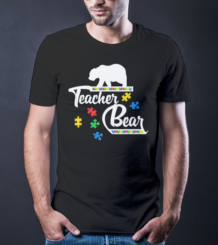 Teacher Bear Autism Awareness Puzzle Pieces T-Shirt