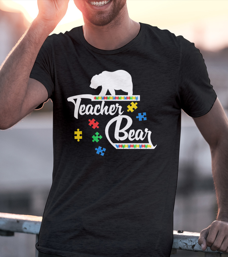 Teacher Bear Autism Awareness Puzzle Pieces T-Shirt
