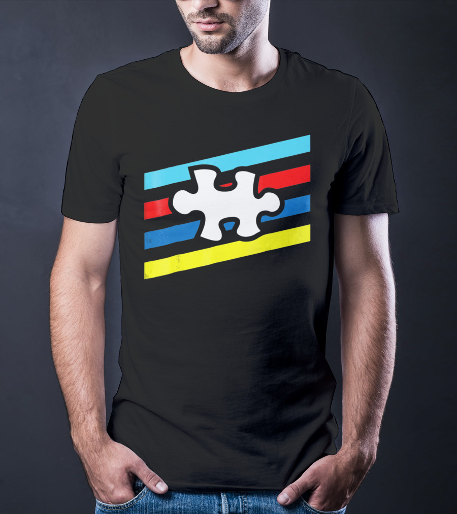 Autism Puzzle Piece Colorful Stripes T-Shirt