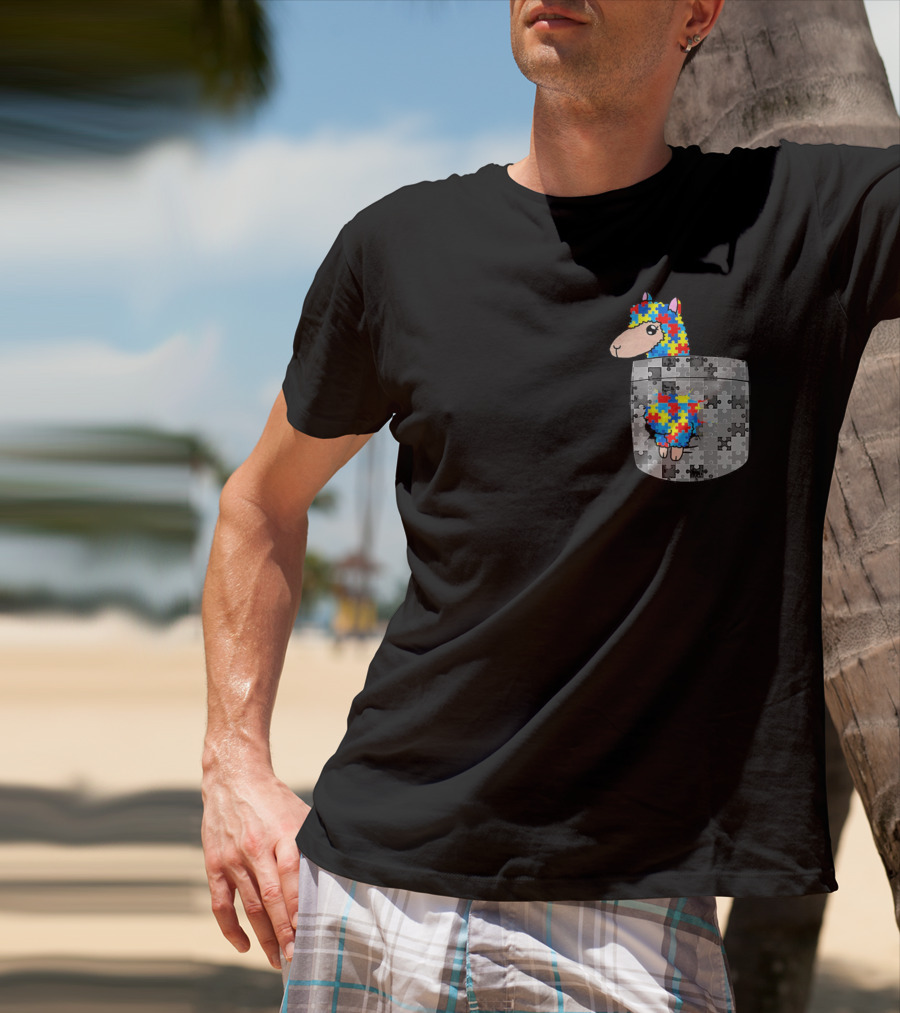 Funny Puzzle Pocket Llama Autism Awareness T-Shirt