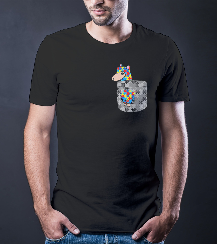 Funny Puzzle Pocket Llama Autism Awareness T-Shirt