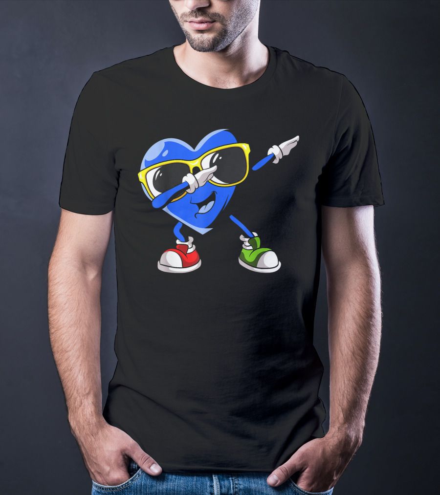 Autism Awareness Dabbing Blue Heart With Sunglasses In Red And Green Sneakers T-Shirt