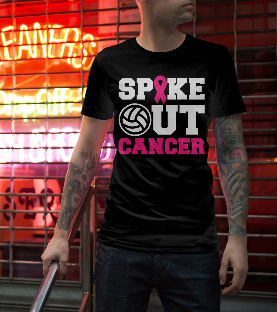 Volleyball Spike Out Cancer Pink Ribbon Breast Cancer Awareness T-Shirt