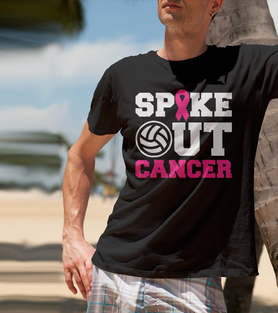 Volleyball Spike Out Cancer Pink Ribbon Breast Cancer Awareness T-Shirt
