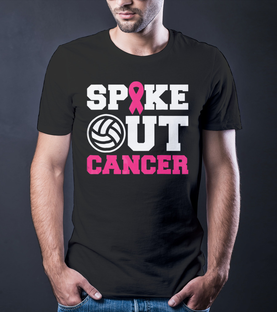 Volleyball Spike Out Cancer Pink Ribbon Breast Cancer Awareness T-Shirt
