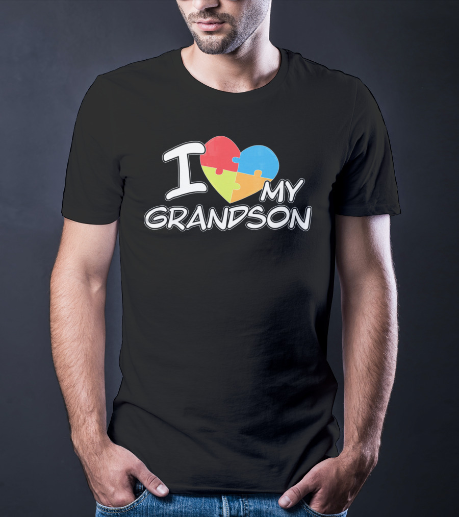 I Love My Grandson Puzzle Heart Autism Awareness T-Shirt