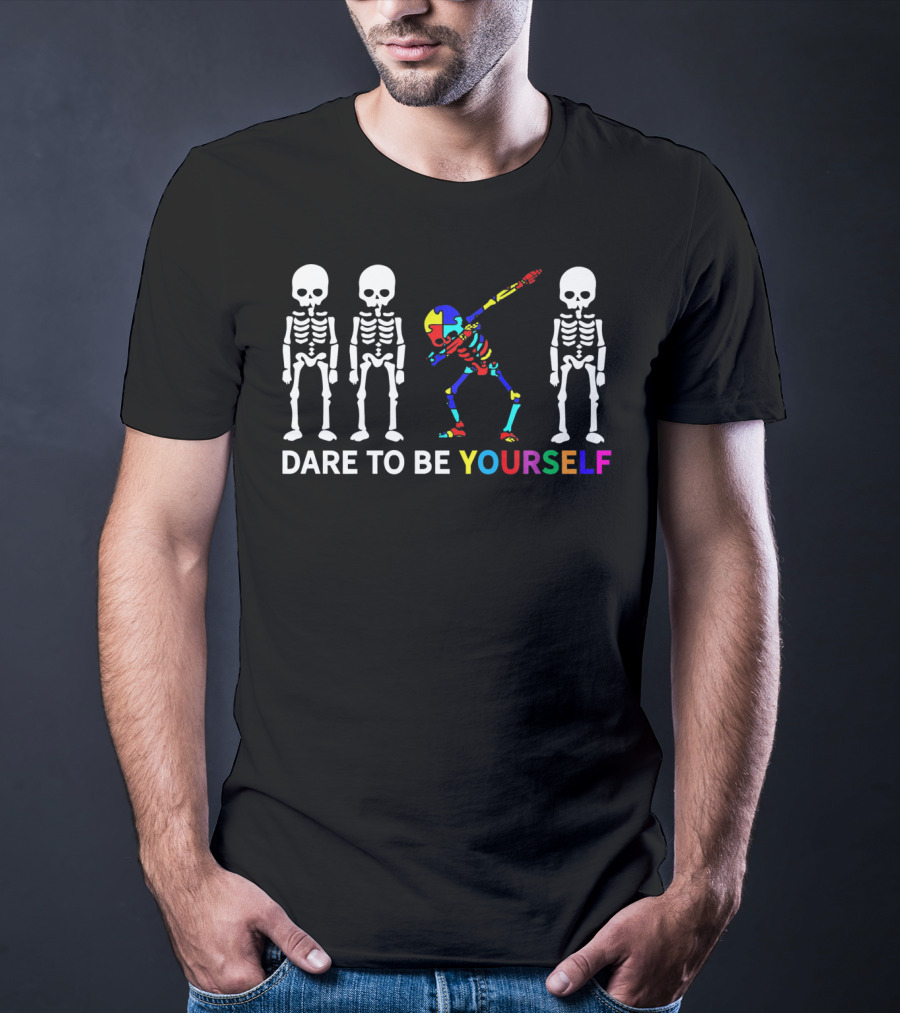 Skeleton Dabbing Dare To Be Yourself Autism Awareness T-Shirt