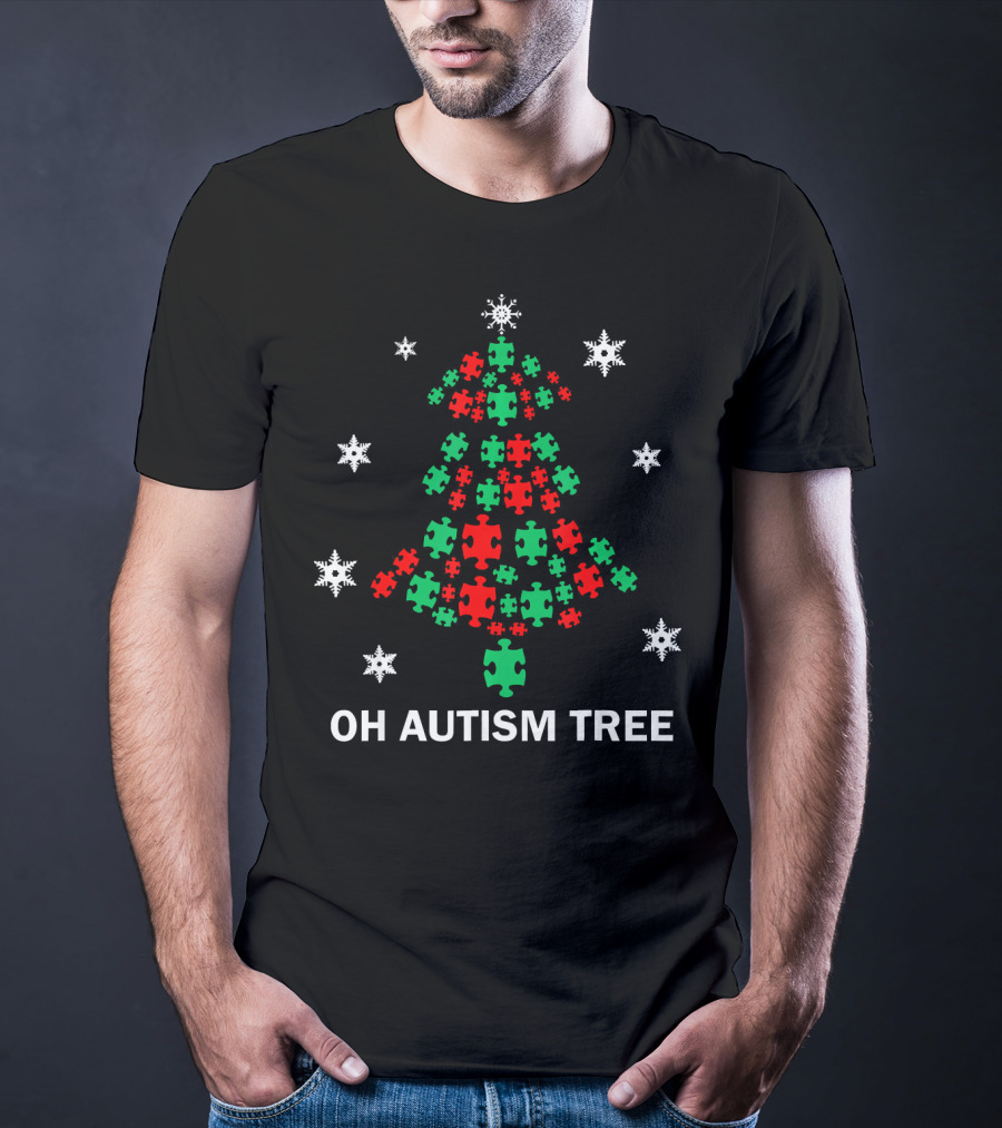 Oh Autism Christmas Tree Puzzle Piece Snowflakes T-Shirt