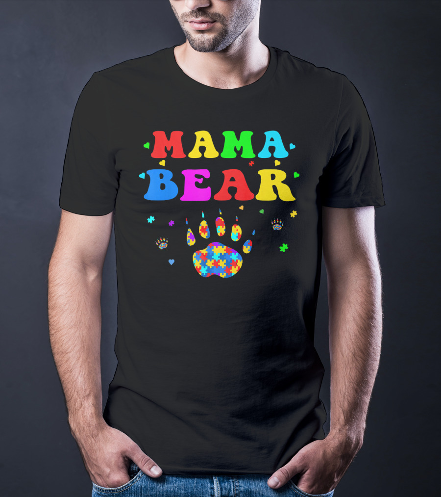 Mama Bear Autism Awareness Paw Puzzle Pieces T-Shirt