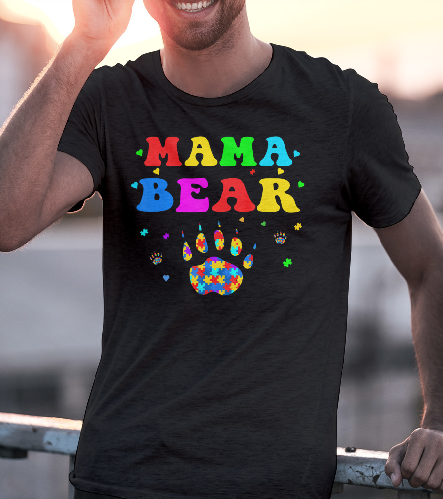 Mama Bear Autism Awareness Paw Puzzle Pieces T-Shirt