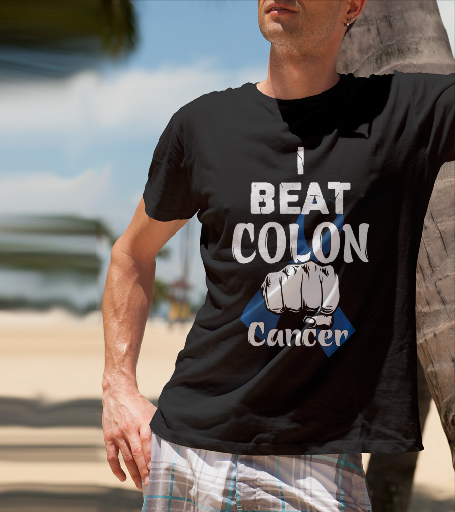 I Beat Colon Cancer Fist Blue T-Shirt