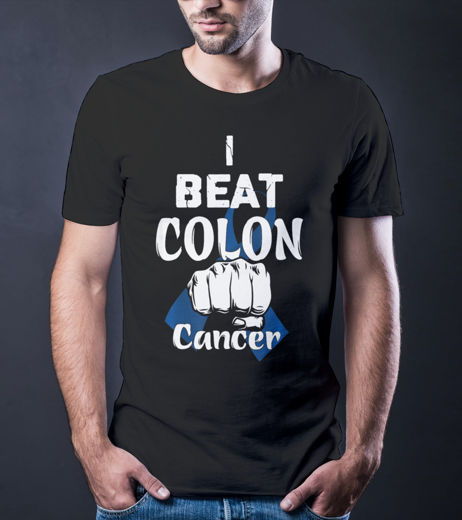 I Beat Colon Cancer Fist Blue T-Shirt