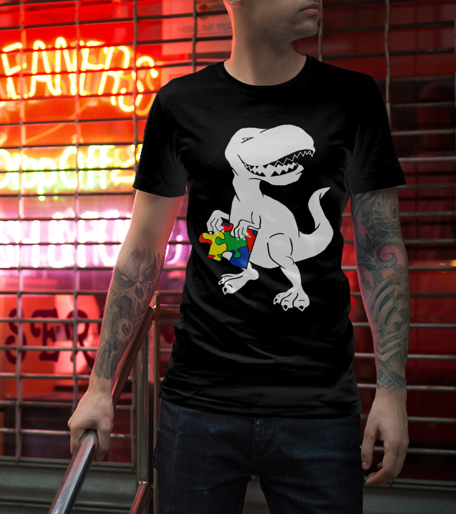 Dinosaur Holding Autism Puzzle Piece Awareness For Tyra T-Shirt