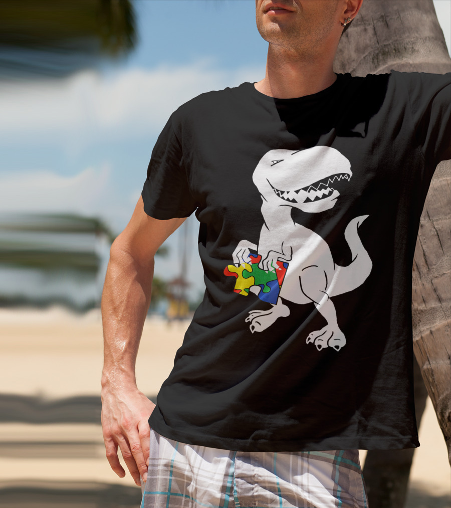 Dinosaur Holding Autism Puzzle Piece Awareness For Tyra T-Shirt
