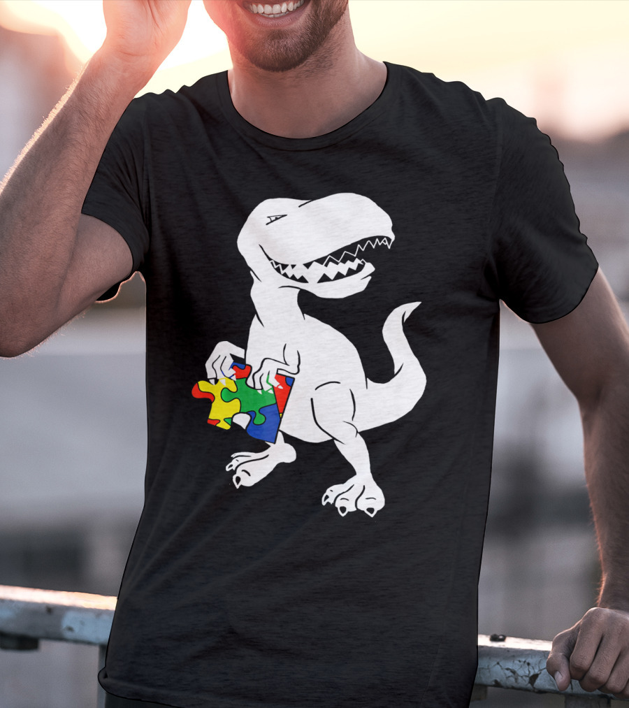Dinosaur Holding Autism Puzzle Piece Awareness For Tyra T-Shirt