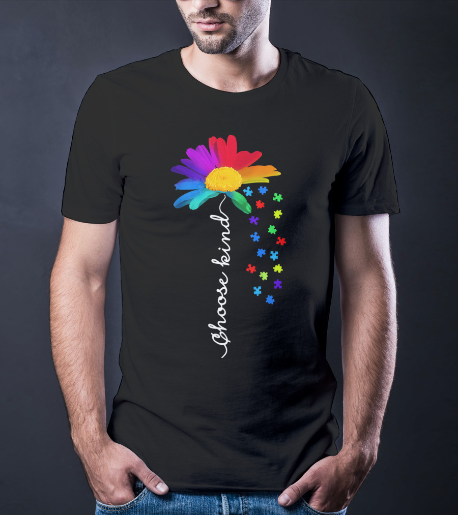 Choose Kind Autism Awareness Rainbow Daisy Puzzle Pieces T-Shirt