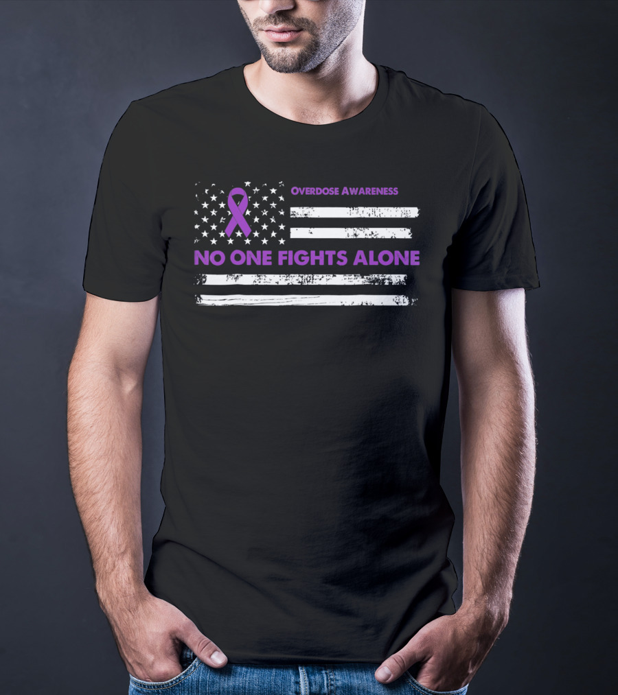 Overdose Awareness Purple Ribbon No One Fights Alone Flag T-Shirt