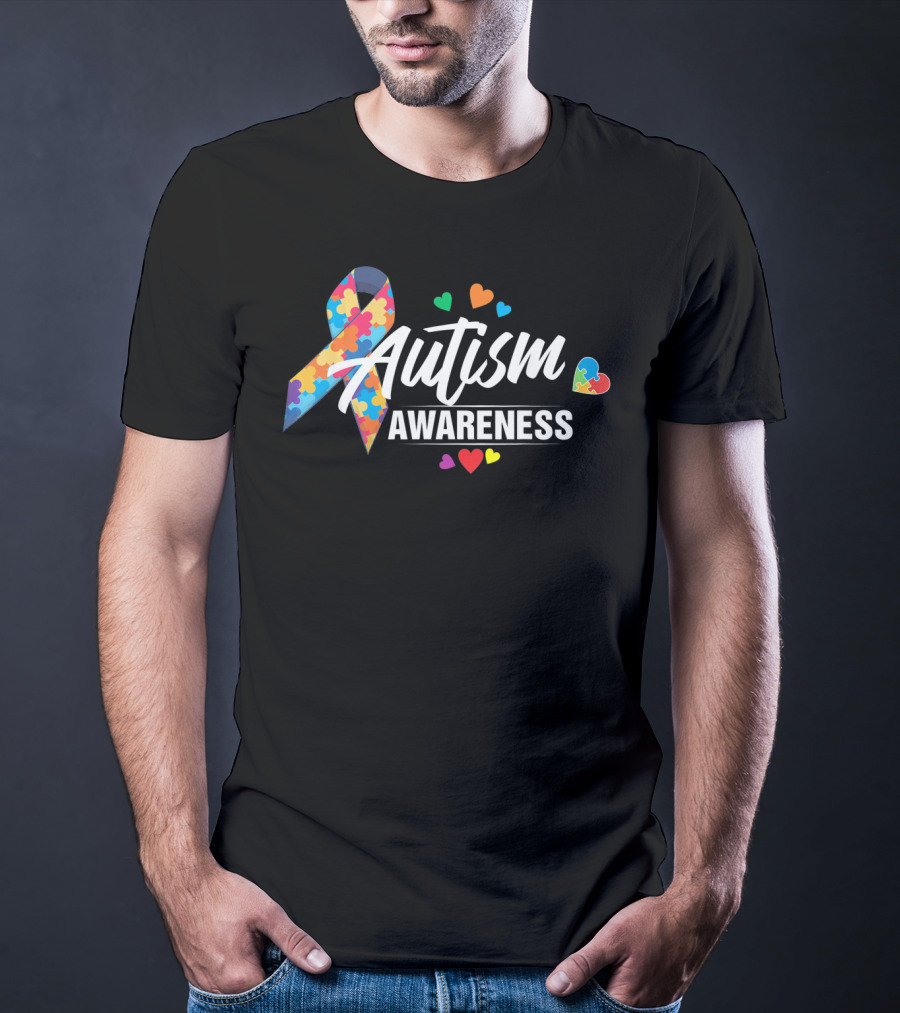 Autism Awareness Puzzle Ribbon Hearts T-Shirt