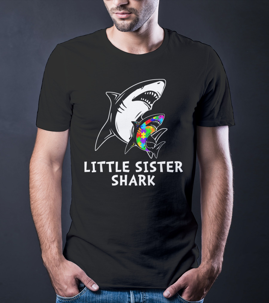 Little Sister Shark Autism Puzzle Awareness T-Shirt