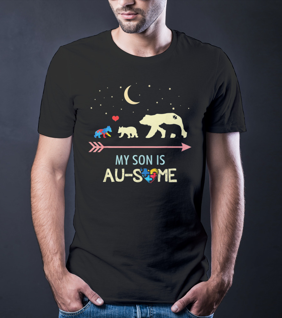 Autism Awareness My Son Is Au-Some Mama Bear And Cubs With Stars And Moon T-Shirt