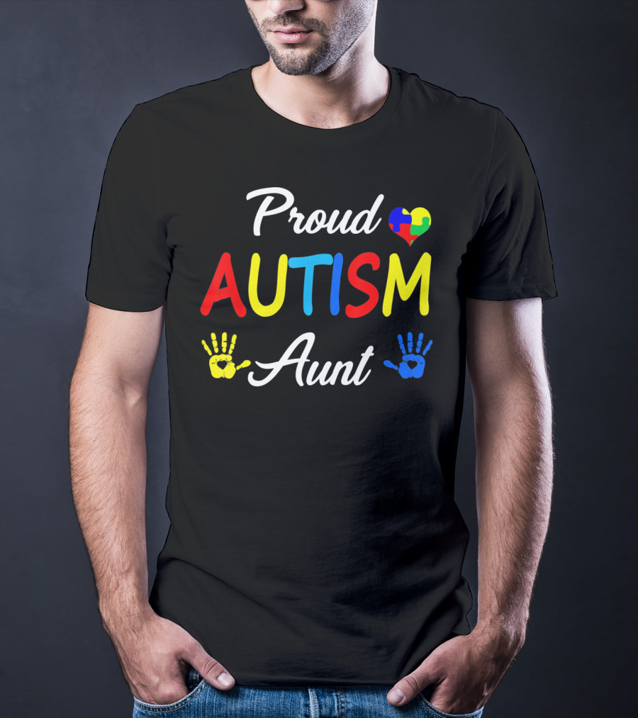 Proud Aunt Autism Awareness Family Handprint Heart Puzzle T-Shirt