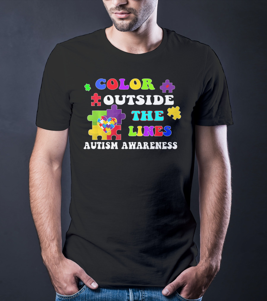 Color Outside The Lines Autism Awareness Puzzle Heart T-Shirt