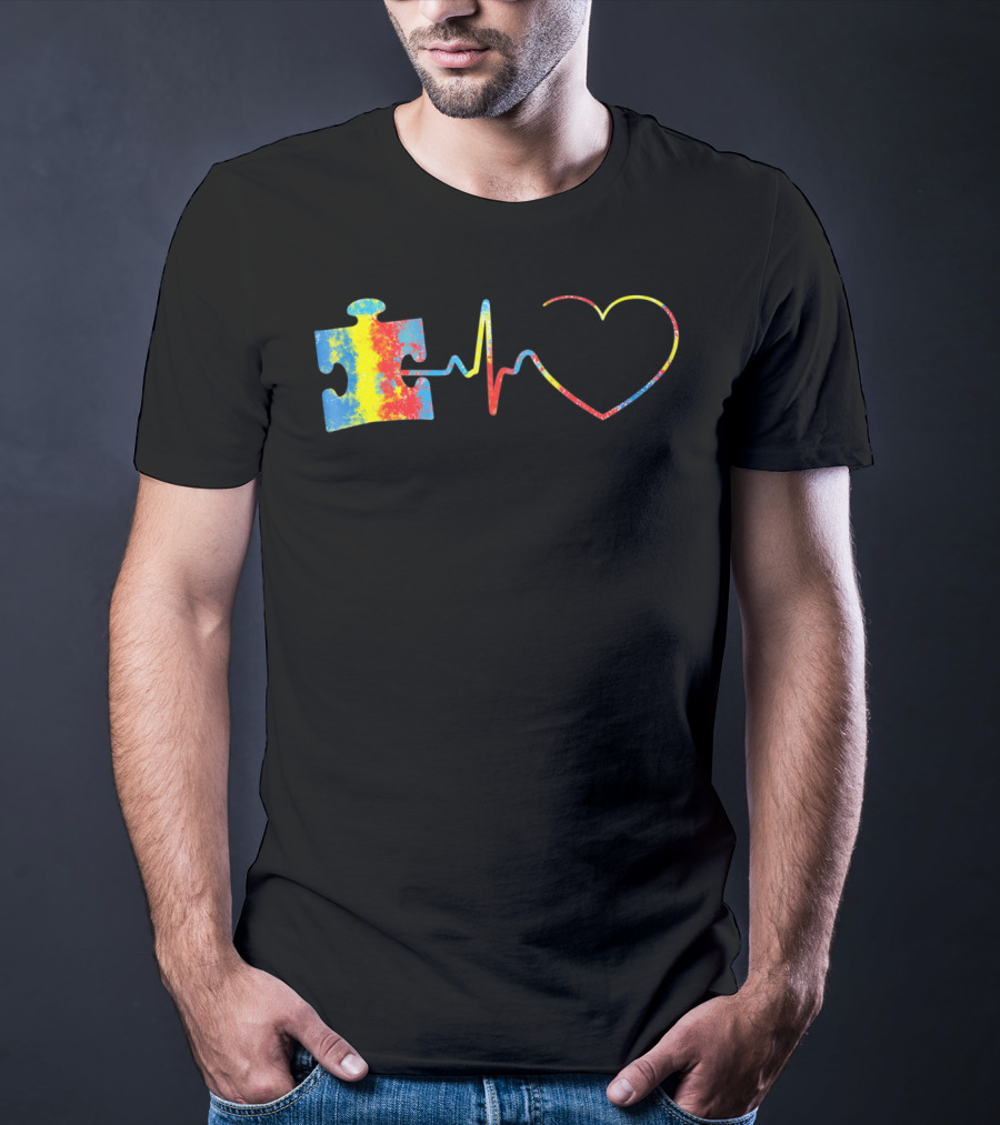 Autism Awareness Puzzle Piece With Colorful Heartbeat Line T-Shirt
