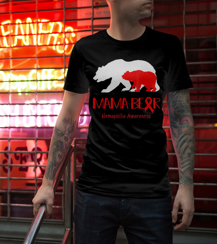 Mama Bear Hemophilia Awareness Red Ribbon Bears T-Shirt