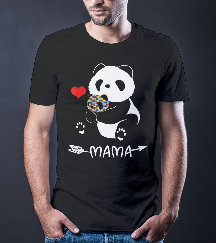 Mama Panda Bear Autism Awareness Heart Puzzle Support T-Shirt