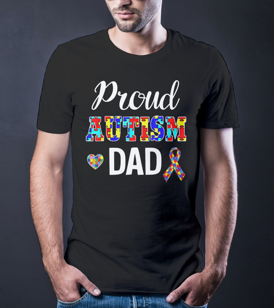 Proud Autism Dad With Puzzle Heart And Awareness T-Shirt