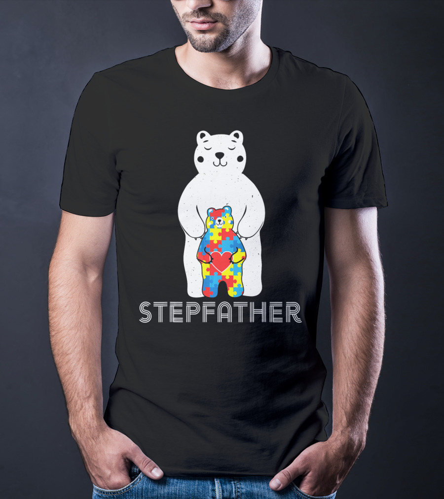 Stepfather Bear With Puzzle Pattern For Autism Awareness T-Shirt
