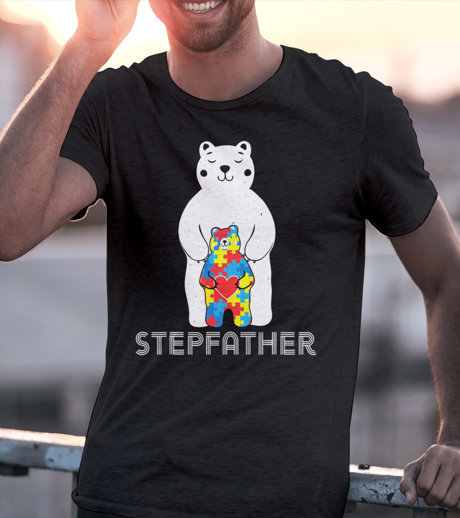 Stepfather Bear With Puzzle Pattern For Autism Awareness T-Shirt