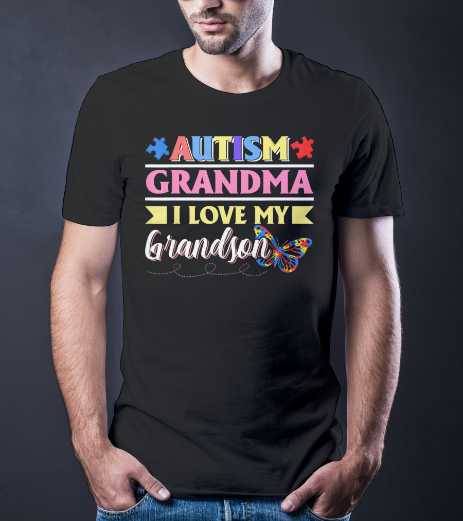 Autism Grandma I Love My Grandson Colorful Puzzle Butterfly T-Shirt