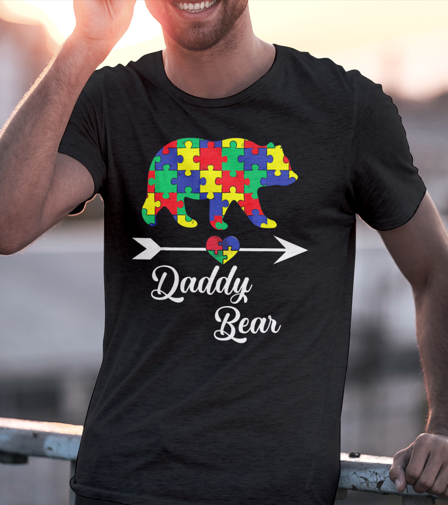 Daddy Bear Puzzle Heart Arrow Autism Awareness Dad T-Shirt