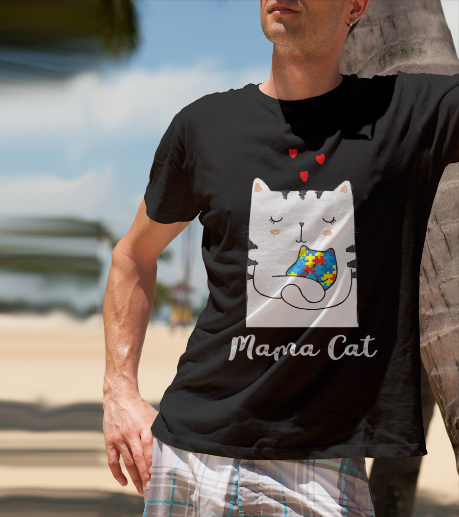 Proud Autism Awareness Mama Cat Hugging Puzzle Piece Hearts T-Shirt