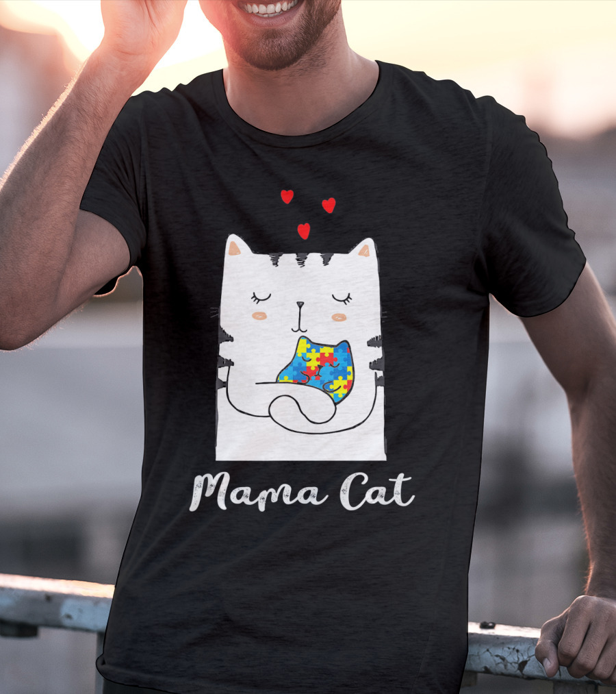 Proud Autism Awareness Mama Cat Hugging Puzzle Piece Hearts T-Shirt