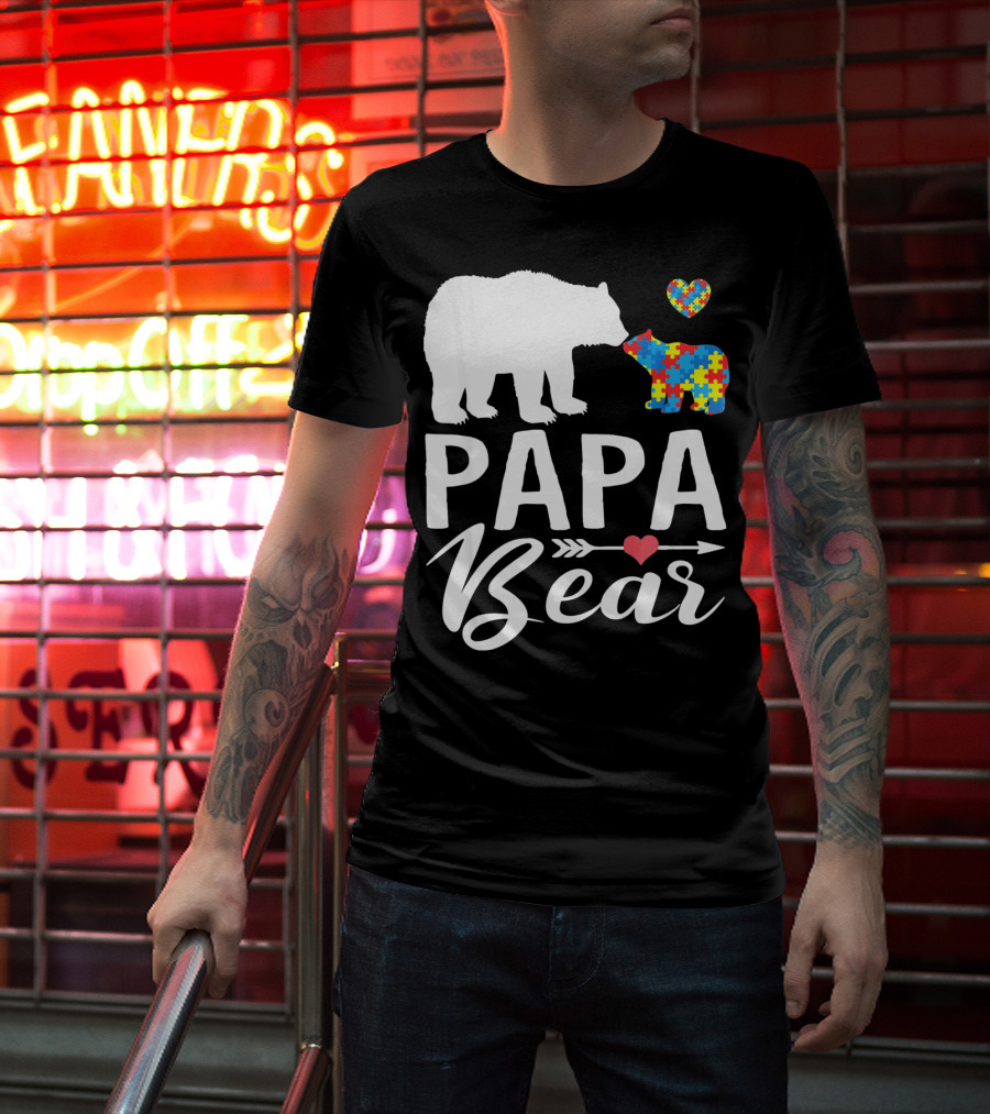 Papa Bear Autism Awareness Love Puzzle Heart Bear T-Shirt