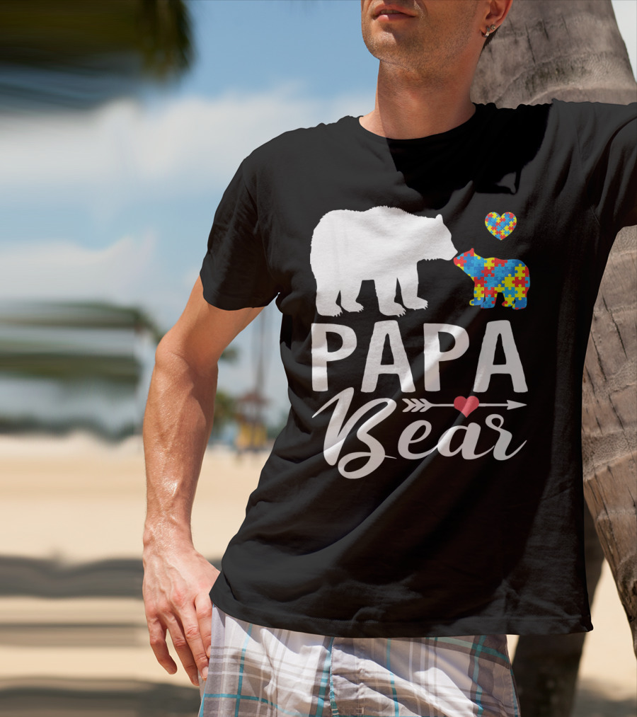 Papa Bear Autism Awareness Love Puzzle Heart Bear T-Shirt