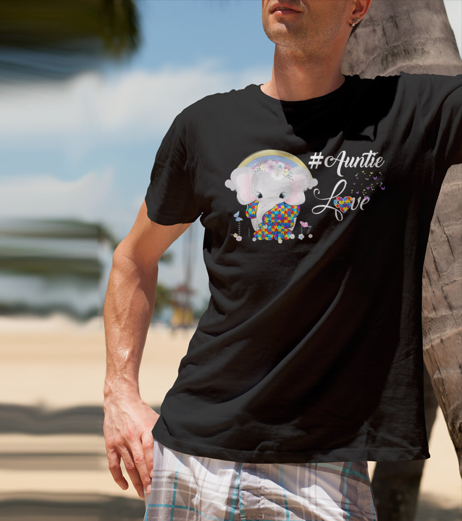 Auntie Love Autism Awareness Elephant With Colorful Puzzle Pattern And Rainbow T-Shirt